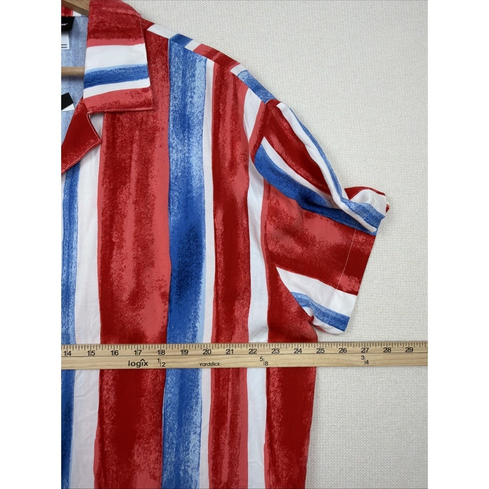 New Original Use Mens 100% Rayon Striped Button Down Shirt Size L Red White Blue - Picture 5 of 11